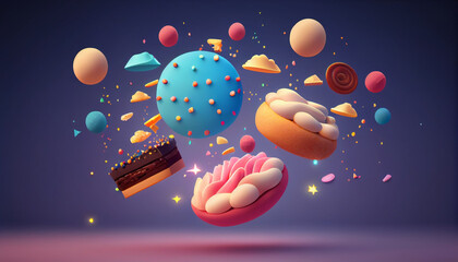 Abstract isolated floating macarons sweets on a blue or purple background, magic cloudy sky composition. Generative AI