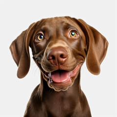 Frontal view of a cute dog on white background
