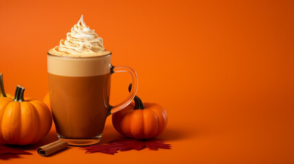 Seasonal pumpkin spice latte isolated on orange background, fall autumn decorative side view composition. Generative AI