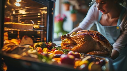 A woman skillfully takes out a perfectly cooked Thanksgiving turkey from the oven, capturing the essence of a traditional feast and culinary joy. - obrazy, fototapety, plakaty