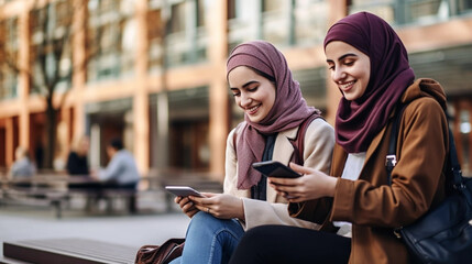 copy space, stockphoto, Portrait of two Muslim female students in traditional headscarf using laptop and phone in university campus. Education theme. Muslim woman on university. - obrazy, fototapety, plakaty
