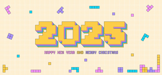 Merry Christmas and a Happy New Year 2025. Geometric retro-style 90s background. Vector illustration