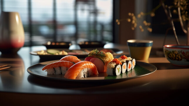 Beautiful sushi rolls Asian food set in a luxury restaurant isolated on a dark background. Generative AI illustration