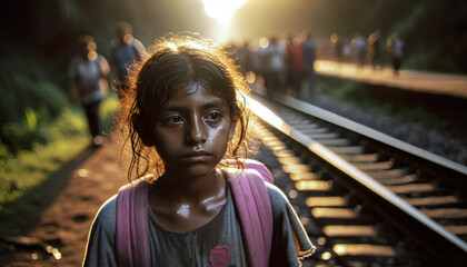 A young South American Migrant girl in search of a better life,forced to migrate due to poverty, food insecurity, or violence due to a dominating drug trade