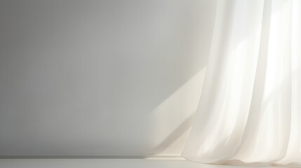 Sunlight creates geometric shadows near elegant white curtains.