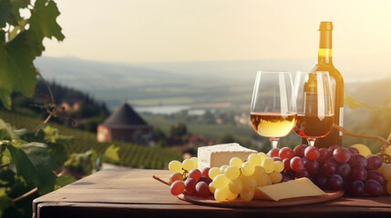 copy space, stockphoto, Grape wine in glass , Bunch of grapes on the table and cheese. Vineyard in...