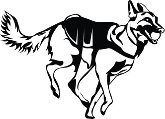 Cartoon Black and White Isolated Illustration Vector Of A Pet Belgium Malinois Puppy Dog Running