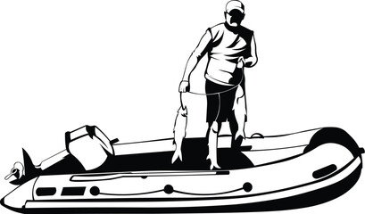 Cartoon Black and White Isolated Illustration Vector Of A Person Standing Fishing On An Inflatable Rib Boat - obrazy, fototapety, plakaty