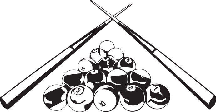Cartoon Black and White Isolated Illustration Vector Of Billiards Balls with Snooker Cues