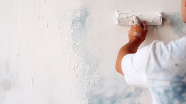 a man paints a wall with white paint with a roller