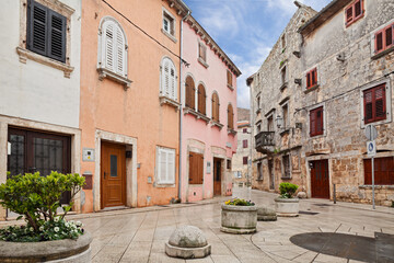 Vodnjan, Istria, Croatia: square in the old town with ancient buildings, near the city Pula - 697049277