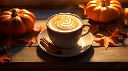 Seasonal pumpkin spice caramel latte with a whipped cream in a glass mug, cinnamon stick window sunlight. Generative AI