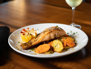 wine and a nice grilled salmon steak