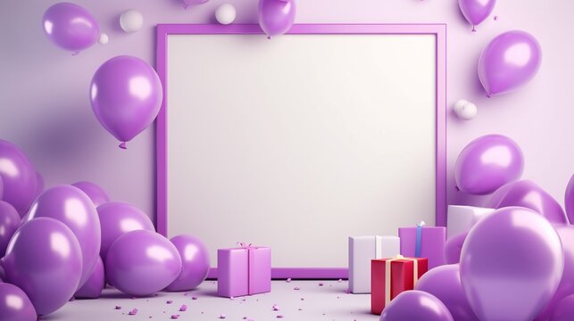 Colorful balloons framing an elegant frame with scattered confetti and festive gifts. Empty blank label cardboard Box word. Solid background in purple.