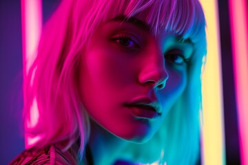 Neon Glow: High Fashion Model with White Wig in Studio