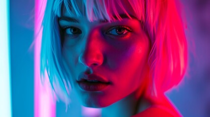 Fototapeta premium Neon Glow: High Fashion Model with White Wig in Studio