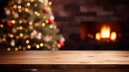 Fototapeta na wymiar Empty table in front of Christmas tree with decorations background.