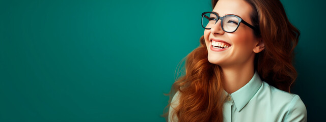 happy girl in glasses on different backgrounds, business.
