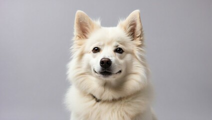 Fototapeta premium American Eskimo Dog posing in a bright photography studio, its white fluffy coat contrasting with the soft grey backdrop, highlighting its alert expression and plumed tail.
