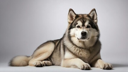 Obraz premium Alaskan Malamute seated in a minimalist photography studio, the grey background accentuating its impressive stature and piercing gaze, exuding strength and beauty.