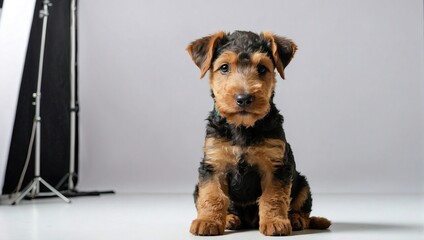 Airedale Terrier puppy sitting attentively in a photography studio with a simple grey background, displaying its wiry coat and distinctive tan and black coloring. - obrazy, fototapety, plakaty