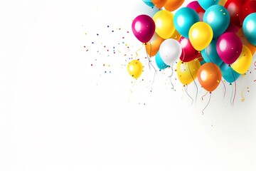 Colorful Happy Birthday balloons and confetti on a white background, radiating happiness.