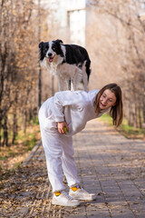 Obraz premium Black and white border collie dog stands on the back of the mistress on a walk in the autumn park. 
