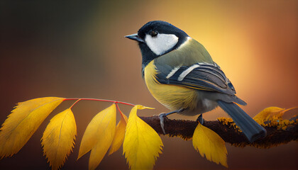 Parus major, Great tit perched on a tree branch, natural environment, blurred background. Generative AI - obrazy, fototapety, plakaty