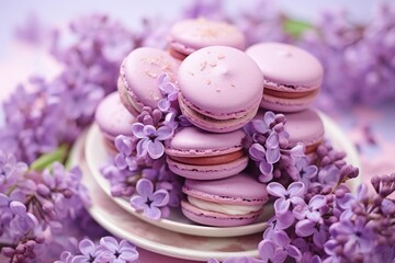 Obraz na płótnie Canvas French lilac macarons with lavender flavour and fresh lavender flowers. Delicious dessert