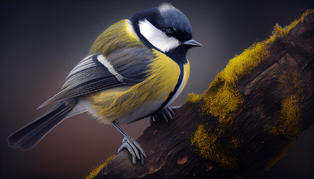 Parus major, Great tit perched on a tree branch, natural environment, blurred background. Generative AI