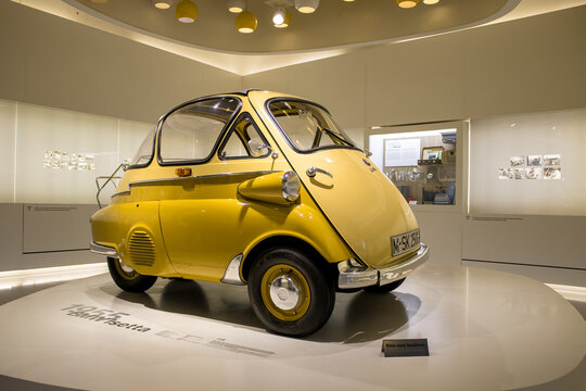Germany, Munich, December 07, 2023: BMW Isetta in the exhibition hall of the BMW Museum. It was established in 1972