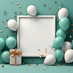 Elegant frame surrounded by balloons and gifts, confetti scattered around. Empty blank label cardboard Box word. Solid background in teal.