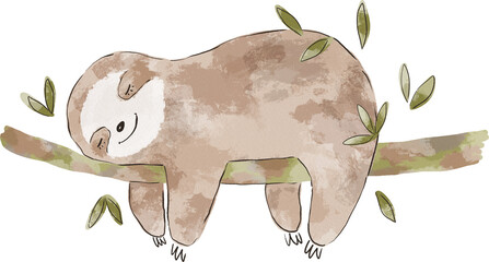 Cute sloth illustration. Sleeping baby sloth. Cartoon sloth clipart	 - 697052055