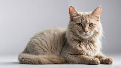 Obraz premium A regal Australian Mist cat lounges gracefully, its lush cream coat and piercing green eyes stand out on a white background in a soft-lit studio.