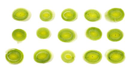 Set fresh slice leeks isolated on white background, top view