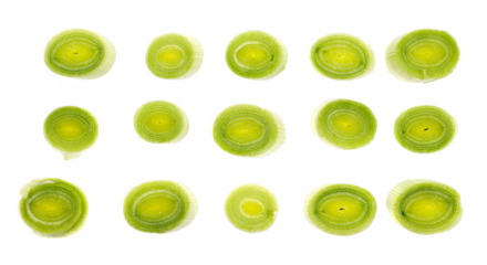 Set fresh slice leeks isolated on white background, top view