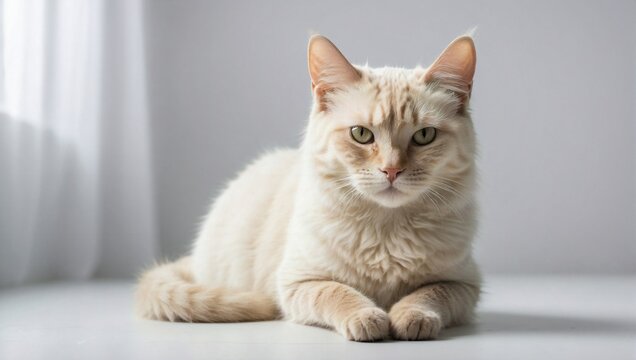 A poised Australian Mist cat rests on a white surface, its cream fur and green eyes giving a peaceful look against a minimalist backdrop.