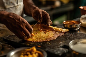 Culinary Symphony: A Chef's Skilled Hands Artfully Plate Masala Dosa, Showcasing the Delightful Fusion of Crispy Fermented Batter and Spiced Potato Filling in This South Asian Breakfast Dish.

 - obrazy, fototapety, plakaty