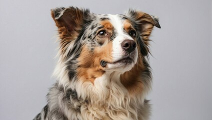 Close-up of an Australian Shepherd dog with multicolored fur, blue eyes, and a curious expression against a grey background.