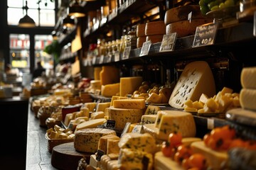 Gouda Galore: Step Into a Dutch Cheese Shop, Where Culinary Tradition Takes Center Stage, Proudly Displaying a Variety of Gouda and Other Local Dairy Delicacies.

 - obrazy, fototapety, plakaty