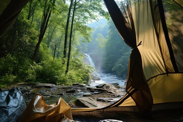 view from the tent to outside, smoky mountain and water fall, 