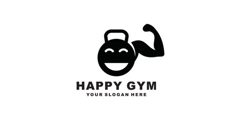 Fitness Kettlebell icon vector design template with muscular arms, smile face logo design with muscular arms Silhouette Vector Icon Template