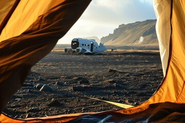 view from the tent to outside, plane wreck on the black beach in South Iceland  - obrazy, fototapety, plakaty