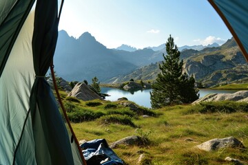 Fototapeta premium view from the tent to outside, french alps and mountain lakes 