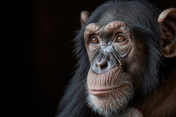 Portrait of a chimpanzee on black background with copy space - obrazy, fototapety, plakaty