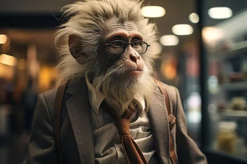 Gordijnen Portrait of an older monkey with glasses and business suit in the office working. Anthropomorphic, animal character © Jsanz_photo
