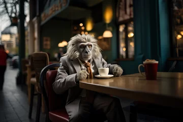 Poster Portrait of a monkey in business clothes having a coffee in a bar. Anthropomorphic, animal character © Jsanz_photo