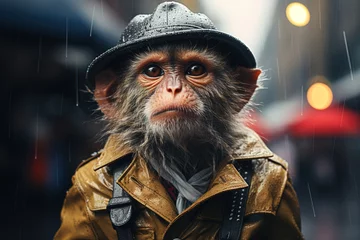 Zelfklevend Fotobehang Cute little monkey dressed in human clothes in the rain walking in the city. Anthropomorphic, animal character © Jsanz_photo