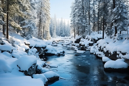 A fabulous winter landscape, a serene river, frozen and shining sparkles in the sun, surrounded by dark coniferous forest