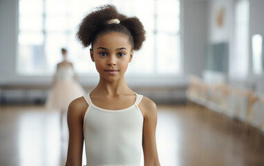 Black-skinned 7 years old ballerina in dance studio - ballet and dancer concept